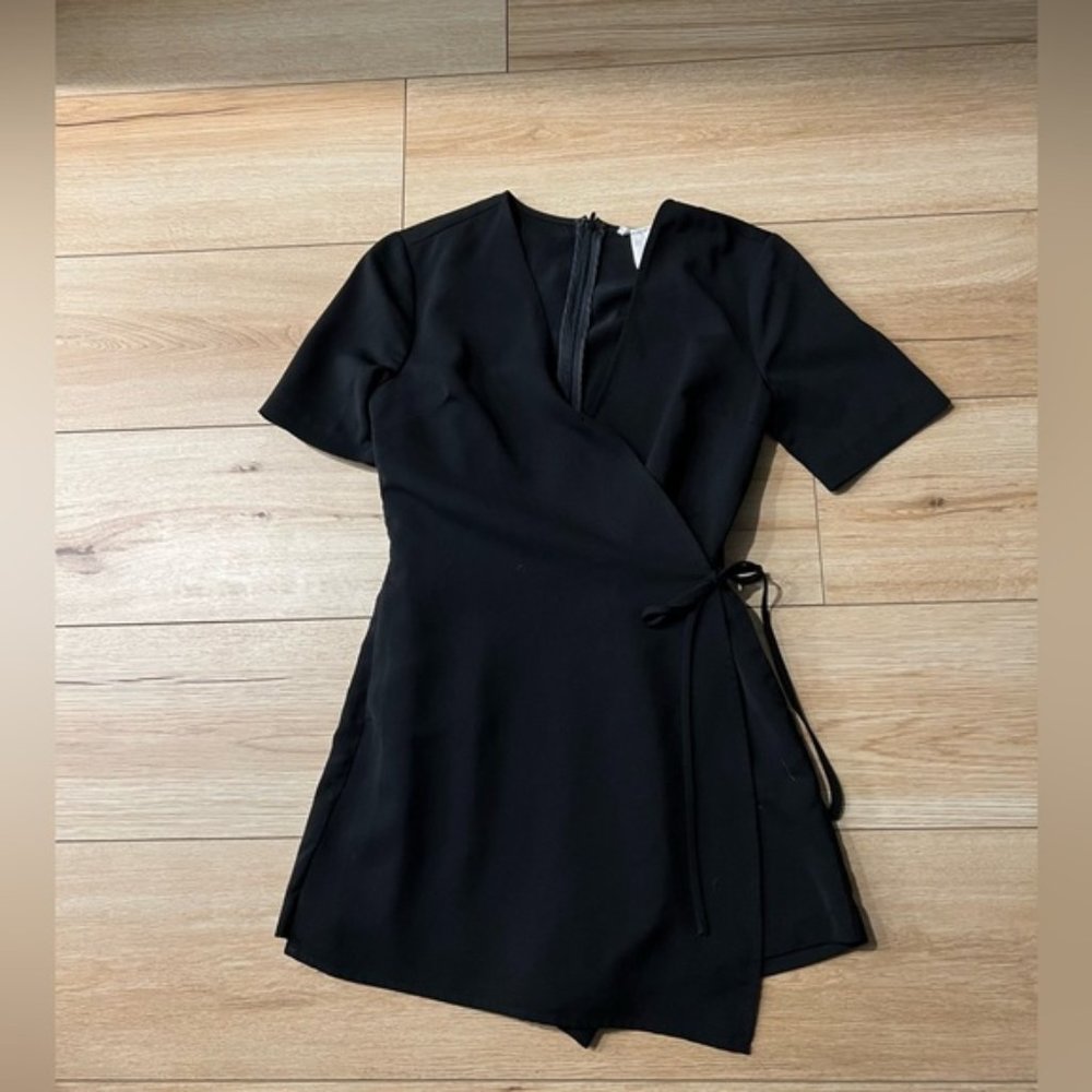 90s Black Short Sleeve Tie Wrap Waist Skort Ballerina Mini Dress